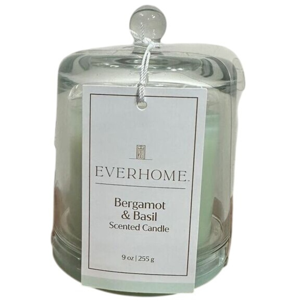 Everhome‎ Bergamot & Basil Scented Candle 9oz with Glass Cloche New
